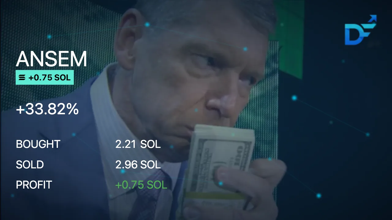 DryFlip PNL card — ANSEM, +33.82%, bought 2.21 SOL, sold 2.96 SOL, profit +0.75 SOL